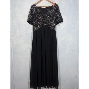 Black & Silver Sequins A-Line High Waist Flounce Sleeve Chiffon Formal Dress XL